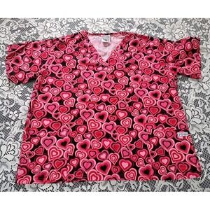 Scrub Top Sz. XL Valentines Day Hearts "A Lota Love" Red Pink Black Short Sleeve